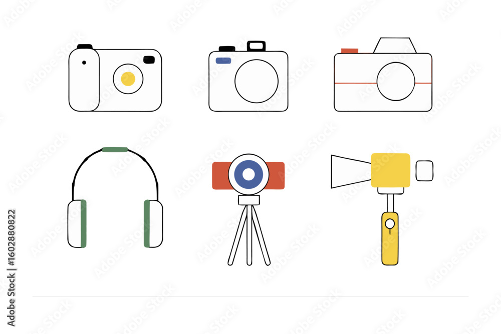 Fototapeta premium Modern digital gadgets collection featuring cameras headphones and selfie sticks for content creation and photography