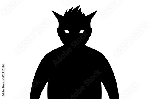 Silhouetted figure with spiked hair and piercing eyes against a pure white backdrop