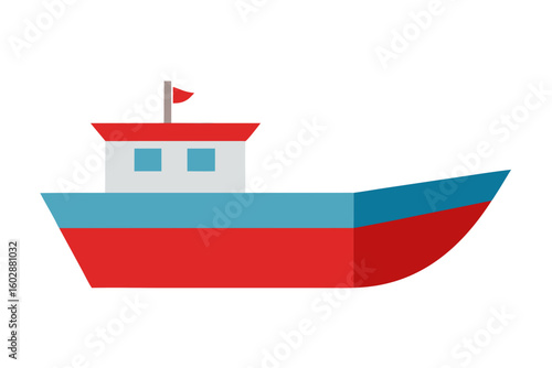 Simple vector illustration of a colorful fishing boat sailing on the water