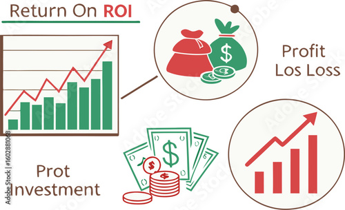 Illustration showing return on investment with charts money bags and coins depicting profit and loss data