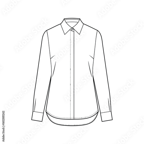 Womens long sleeve buttondown shirt fashion flat sketch curved hem technical drawing template
