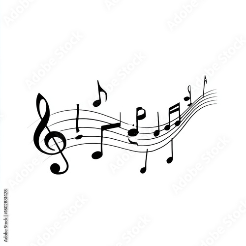 A flowing arrangement of musical notes and a clef on a curved staff, suggesting melody and rhythm