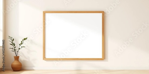Empty frame mockup on beige wall, minimalist interior, plant in vase,  plant,  vase