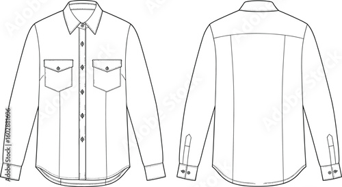 Long sleeve shirt cad drawing, front and back view, button down shirt with pockets, fashion flat sketch, vector template, outline
