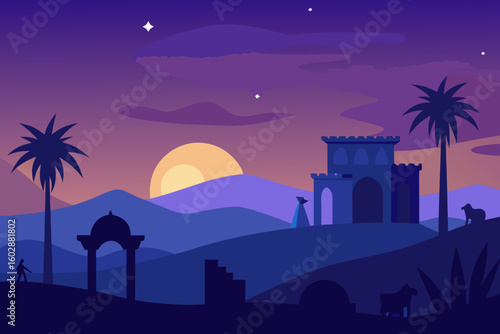 Abstract landscape illustration of a peaceful dusk with silhouettes and palm trees.