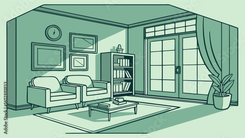 Illustration of living room interior design with armchairs bookcase and plant for home decor ideas