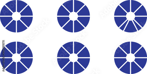 Blue segmented circles with white centers and dividing lines segments