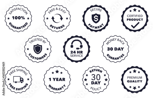 Outline Style Guarantee and Secure Checkout Badge Icons for Return Policy and Customer Service