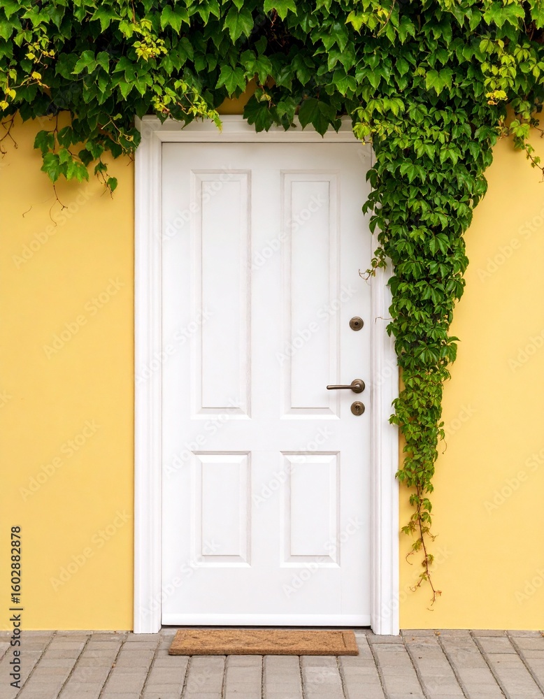 Fototapeta premium white door with lush green vine on a light yellow wall