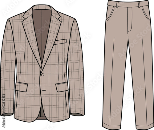 Modern men’s checkered blazer and pant set, classic formal wear outfit, tailored fashion vector sketch, stylish business clothing design