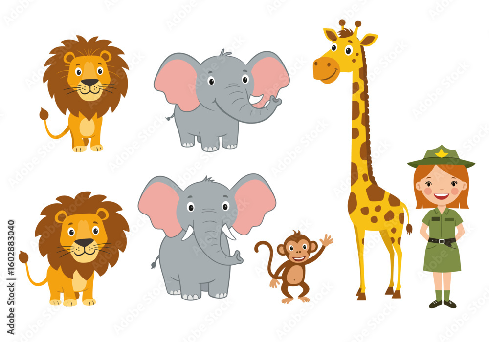 Fototapeta premium Cute Cartoon African Animals and a Park Ranger