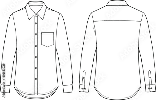 Long sleeve shirt technical sketch, front and back view, single pocket design, button down shirt, cad drawing, vector flat illustration