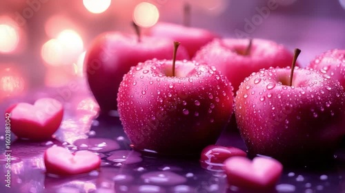 Vibrant Pink Hearts Surrounded by Water Drops and Soft Focus Background for Romantic Themes and Celebratory Occasions 4k video footage