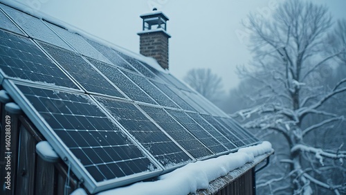 3 rows of solar panels on a house on a winter day in the forest in cloudy weather with low temperatures