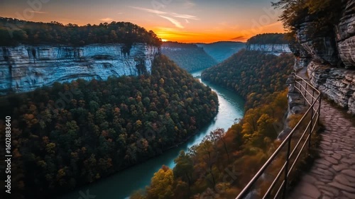Sunrise Over Scenic River Gorge in Autumn