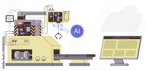 Factory machine setup with robotic arm, conveyor belt, AI interface, and computer monitoring. Ideal for automation, AI technology, manufacturing, robotics, industrial innovation smart factories