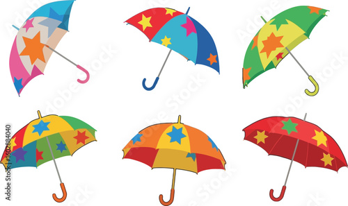 Colorful umbrellas with star patterns provide a playful springtime vibe that will brighten any rainy day design