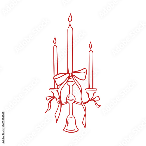 Hand drawn vintage elegant candles with outline bows in red color. Vector illustration in retro sketch parisian style. Vector illustration