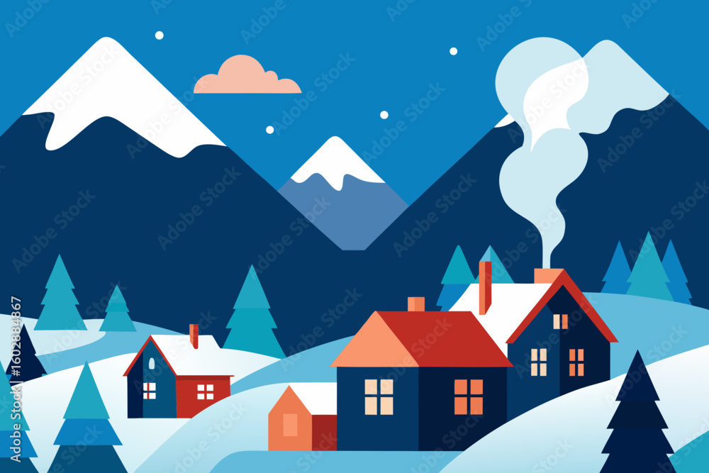 Naklejka premium Winter landscape illustration of cozy houses snowy mountains and evergreen trees