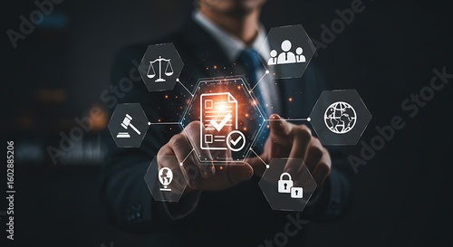 Compliance Rules and Regulation Policy Concept – Businessman Touching Virtual Icons for Law Enforcement and Standards