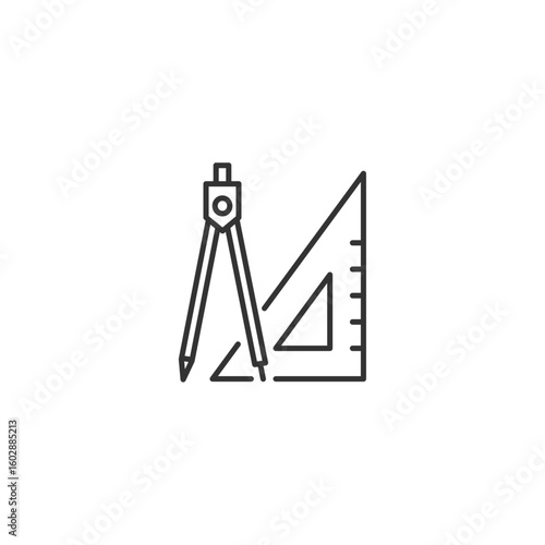 三角定規とコンパスのシンプルな設計アイコン (ベクター、線画、モノクロ)