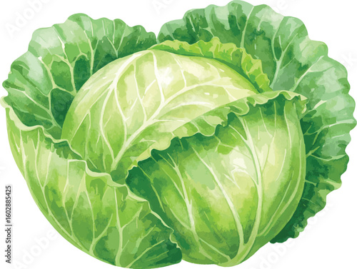 Fresh green cabbage isolated on a white background showing full head and leafy texture