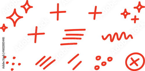 Red hand drawn graphic elements collection with stars plus signs and checkmark vector