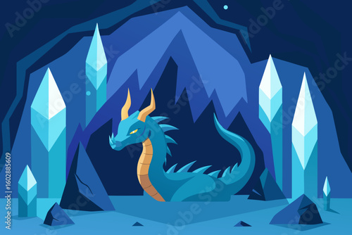 Vector illustration of a mythical dragon resting amidst crystalline formations in a cave