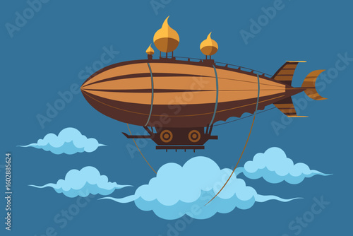 Vector illustration of a steampunk airship floating in the sky above fluffy clouds