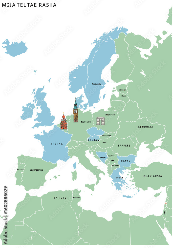 Obraz premium Europe Map with Country Names and Landmarks