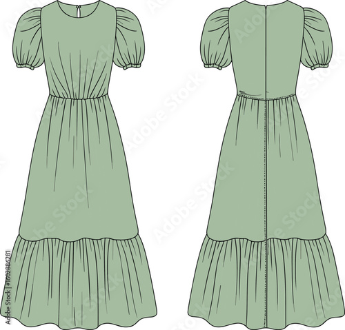 Puff sleeve tiered maxi dress, elegant gathered waist summer outfit, green long dress illustration, minimalist modest fashion template