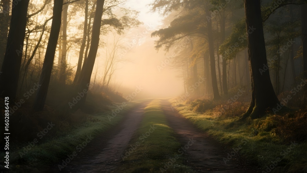 Obraz premium Misty Forest Pathway at Dawn