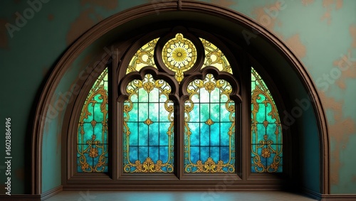 Ornate stained glass window set within an arched alcove.