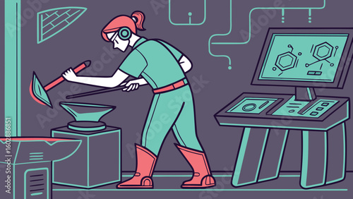 Industrial worker in a factory with computer and machinery isolated on Transparent Background