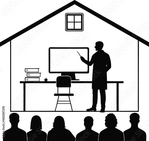 Home office presentation a black and white silhouette depicting a presentation and a group of attendees with a workspace