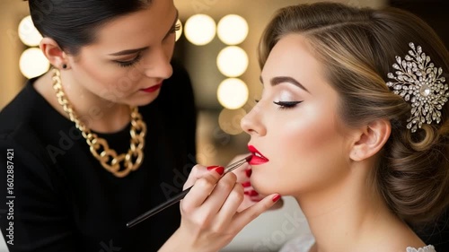 A professional makeup artist applies vibrant red lipstick to a model with an elegant updo and sparkling hair accessory