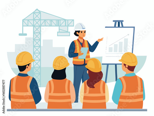 Cartoon flat vector illustration of construction workers with a blueprint at a building site, perfect for business and job-related infographics