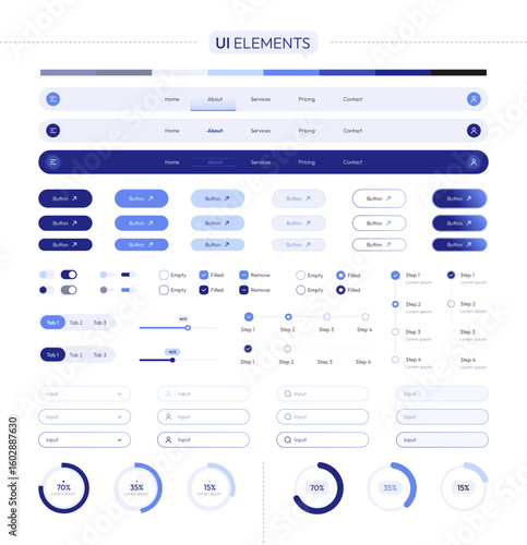 Modern vector UI kit with headers, buttons, input fields, switches, and other web interface components in blue style. Perfect for prototyping, app design, and responsive layout creation.