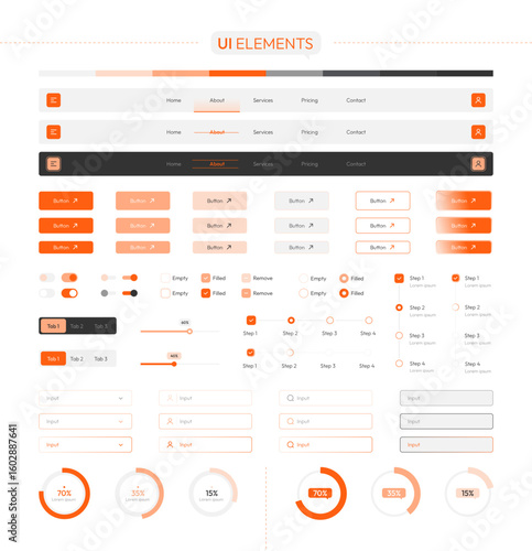 Modern vector UI kit with headers, buttons, input fields, switches, and other web interface components in orange style. Perfect for prototyping, app design, and responsive layout creation.