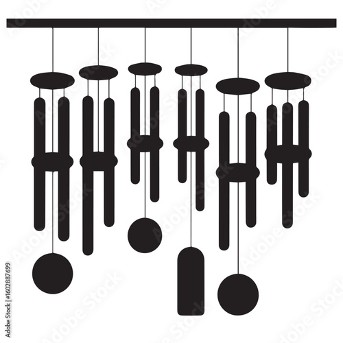 A collection of black wind chimes with various tube lengths and shapes hanging from a dark horizontal line against a white background