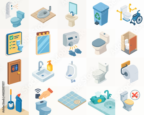 Isometric Public Toilet and Restroom Facility Detailed Interior Design Element Icon