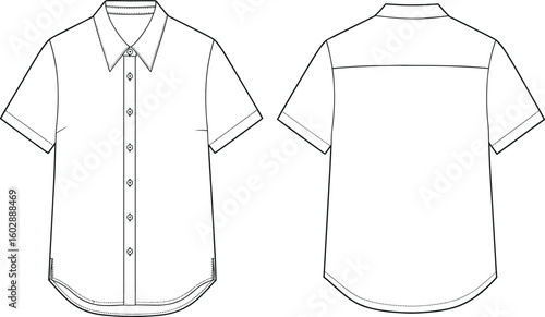 Short sleeve button down shirt flat, technical fashion drawing, front and back view shirt vector, clean style cad illustration