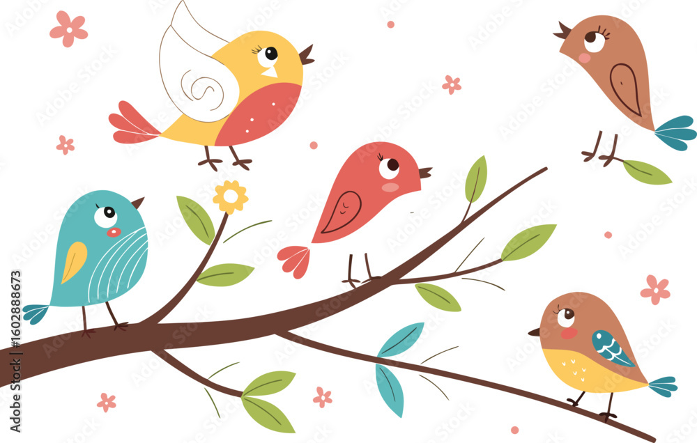 Fototapeta premium Cute cartoon birds on a tree branch with spring flowers, a lovely nature illustration for any season's design