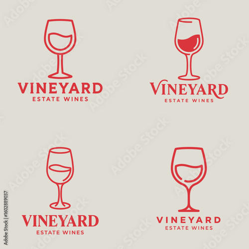 Elegant Wine Glass and Vineyard Logos for Estate Wines, symbolizing Quality and Sophistication in Beverage Industry.
