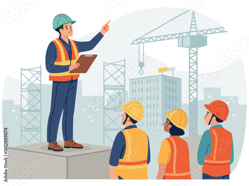 Construction workers and engineers in hardhats safely building on an industrial site