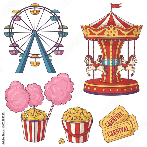Cartoon Carnival Rides, Cotton Candy, Popcorn, and Tickets