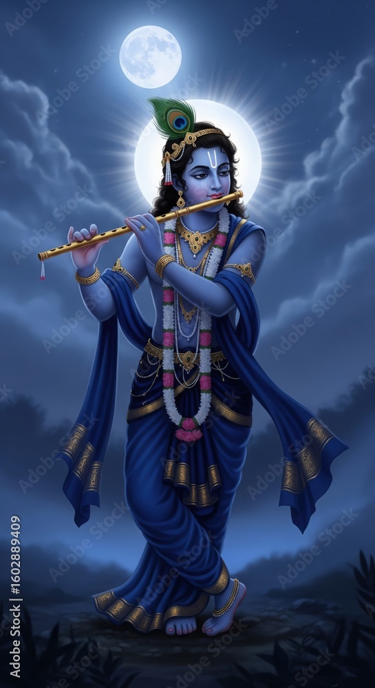 Naklejka premium Krishna Mobile Wallpaper HD – Glowing Moonlight Scene with Flute and Divine Aura – Janmashtami Background for Phones