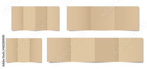 Set of light brown folded paper sheets. Double gate fold. Vertical pages. Blank booklet. Four panel accordion fold