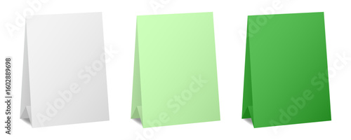 Set of table cards. White, and green bent sheets. Tent table card, nameplate	