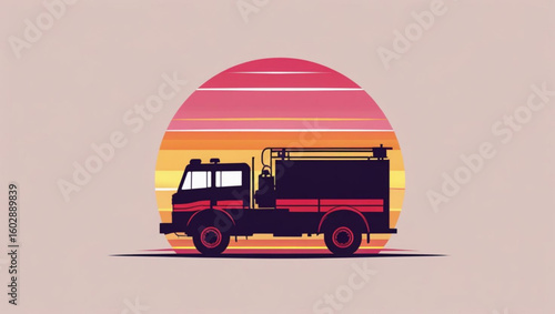  Dark Silhouette of a Fire Truck with Sunset Background